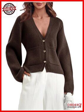 Womens Deep V Neck Cropped Cardigan Button Down Long Sleeve Knit Sweater